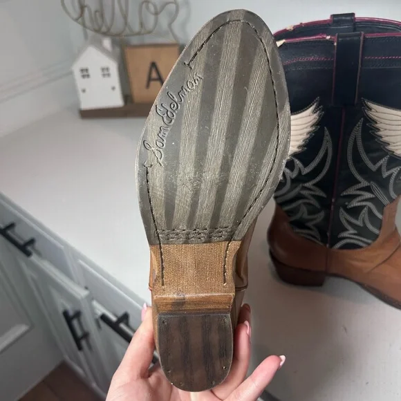 Sam Edelman Western Cowboy Boots Eagle Stitch Leather Brown Women’s 9.5M